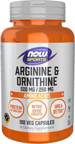 NOW Sports Nutrition, Arginina y Ornitina 500/250 mg, Aminoácidos, 100 Cápsulas Vegetales