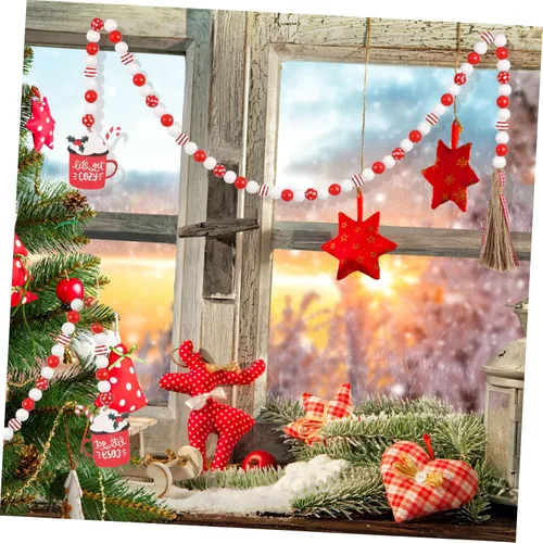 Vista 9 de VICASKY Guirnalda de cuentas de madera de Navidad con borlas, decoración de bandeja escalonada, cuentas colgantes de pared de granja con borlas
