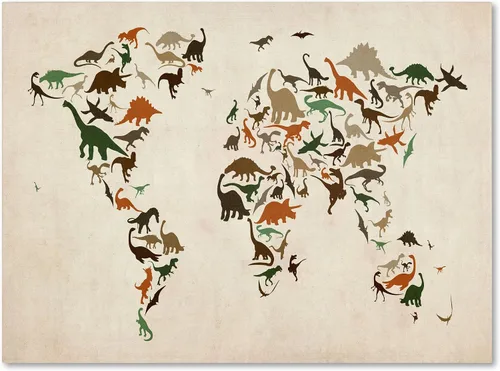 Trademark Fine Art Mapa del mundo de dinosaurios 2 por Michael Tompsett - Lienzo artístico, 14 x 19 pulgadas