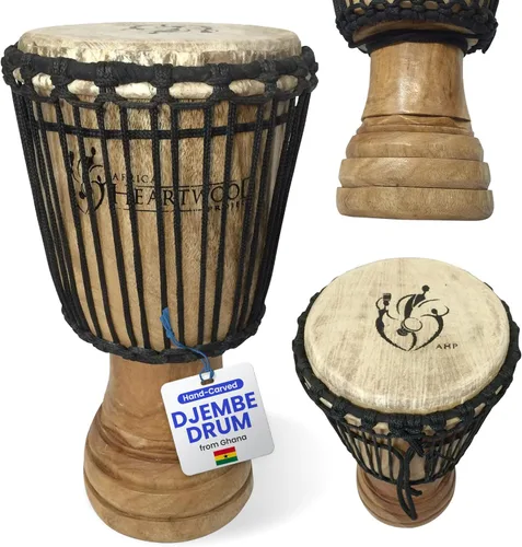 Tambor Djembe africano tallado a mano, madera maciza, piel de cabra - Hecho en Ghana - 8x16