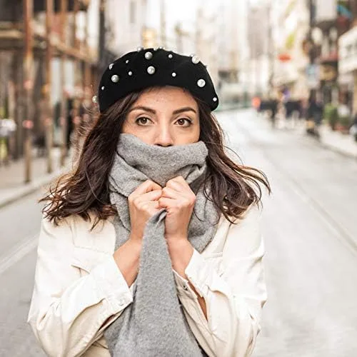 Vista 6 de Boina de cachemira de perlas estrelladas de lujo para mujer, accesorio elegante de invierno, Negro