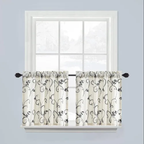 Vista 13 de VOGOL - Cenefa de cocina bordada con flores para ventanas, cenefa decorativa con filtro de luz para baño, cortinas con bolsillo para varilla corta