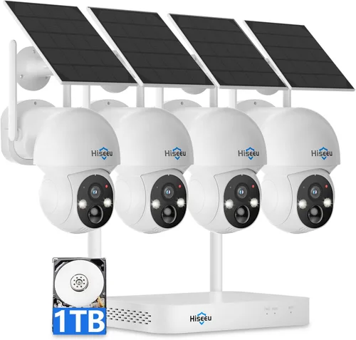 Hiseeu - Cámara solar inalámbrica para exteriores, sistema de cámara de seguridad para el hogar, WiFi de 2.4G y 5G, kit de 4 cámaras de 4MP