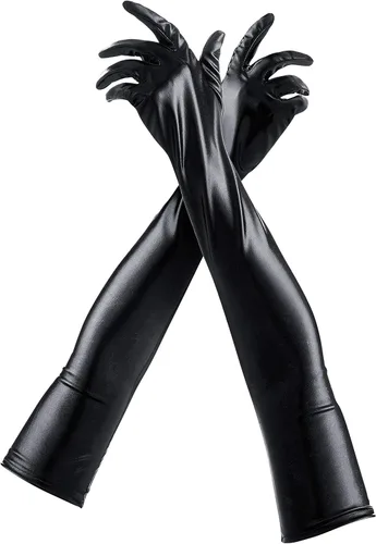 Pin Up Doll Guantes largos de aspecto húmedo, guantes metálicos brillantes de piel sintética, disfraz de Halloween, cosplay, juego de rol, guantes