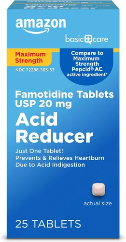 Amazon Basic Care Comprimidos de famotidina de máxima fuerza de 20 mg, reductor de ácido para aliviar la acidez estomacal, 25 unidades (el embalaje