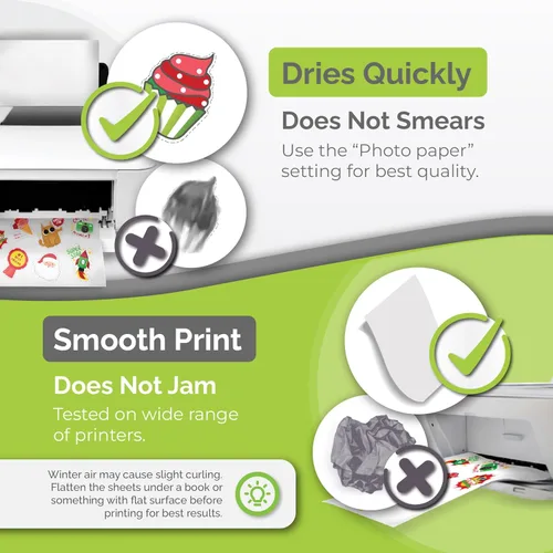 Vista 5 de Papel adhesivo de vinilo imprimible de calidad premium para impresora de inyección de tinta - 34 hojas autoadhesivas de color blanco mate