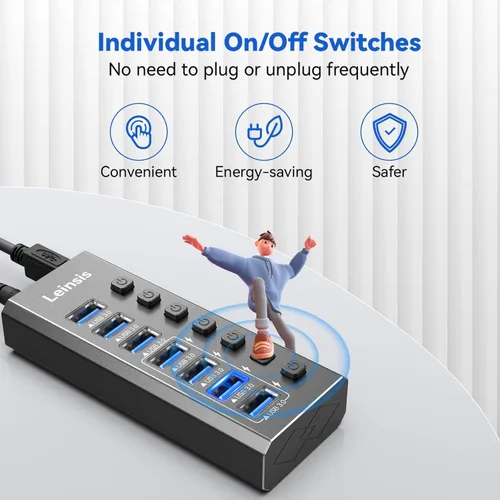 Vista 5 de Hub USB 3.0 alimentado, Leinsis 7 puertos USB 3.0 Hub [aluminio duradero] 7 puertos de transferencia de datos + 4 puertos de carga inteligentes