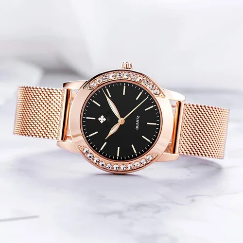 Vista 5 de SENRUD Relojes de moda para mujer, reloj de pulsera de malla de acero inoxidable de oro rosa, elegante, regalo para mujer, reloj de pulsera