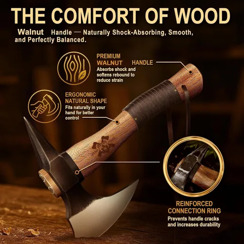 Vista 3 de Grumpy Bear Hacha de Supervivencia de 11" para Camping - Hoja de Acero al Carbono Forjado con Mango de Madera de Nogal - Absorción de Impactos