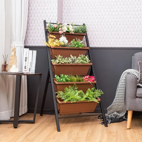 Vista 3 de Giantex Maceta vertical elevada, camas de jardín elevadas con orificio de drenaje de agua, cajas independientes de 5 contenedores para cultivo