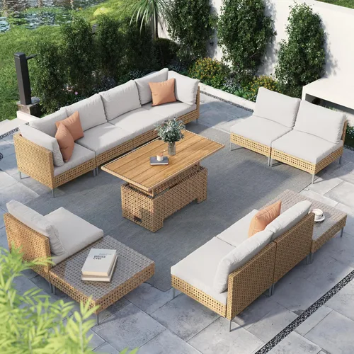 Vista 15 de Grand patio Juego de muebles de mimbre de patio de 3 piezas, juego seccional de sofá de conversación para exteriores estilo boho con cojines gruesos