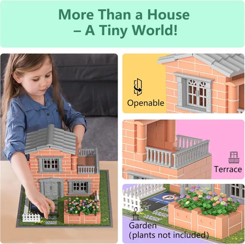Vista 4 de Mini kit de construcción de casa para niños de 8 años en adelante, juguetes de construcción de bloques con mini ladrillos reales, regalos creativos