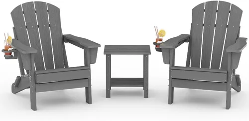 Vista 17 de Juego de 2 sillas Adirondack plegables HDPE con mesa auxiliar, color negro