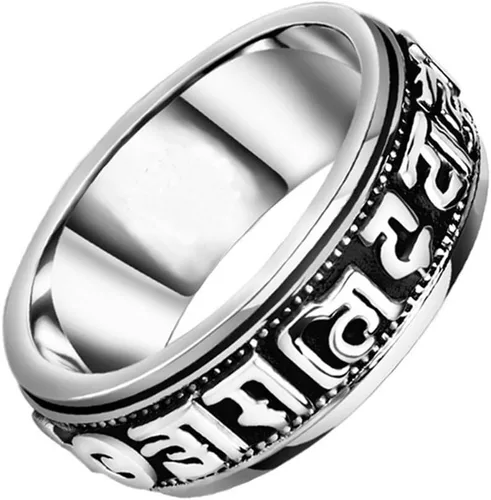 JAJAFOOK - Anillo de acero inoxidable tibetano budista seis verdadera sílaba mantra sánscrito Om Mani Padme hum Spinner