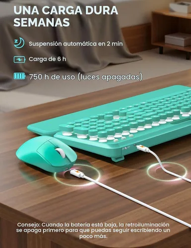 Vista 6 de Combo de teclado y mouse inalámbricos: teclado retroiluminado con reposamuñecas magnético y soporte para teléfono, teclas redondas iluminadas, juego