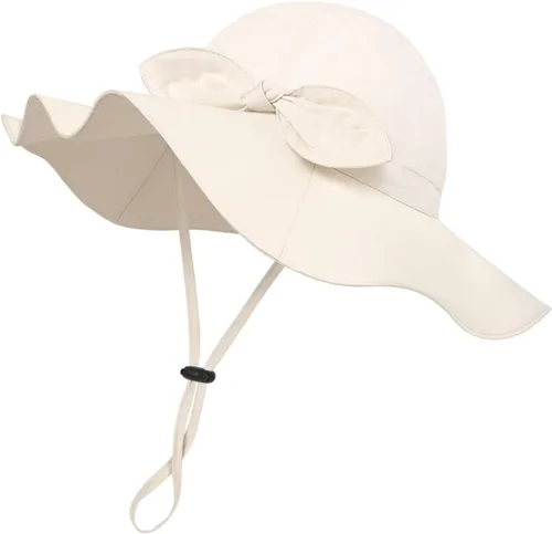 Sombrero de sol para bebé niña con UPF 50+ sombrero de playa ajustable para exteriores con ala ancha Beige