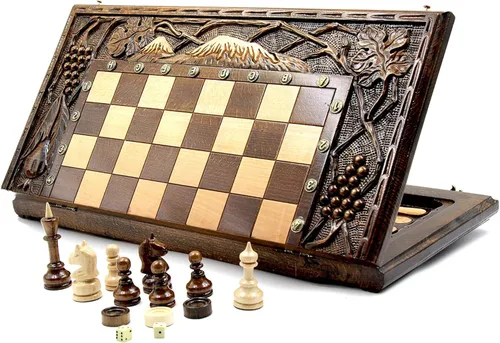 Vista 2 de 3 in 1 WOODEN BACKGAMMON Armenian BOARD GAME Nardi Nardy checkers chess carving FLOWER Ornament hand made gift walnut wood table game