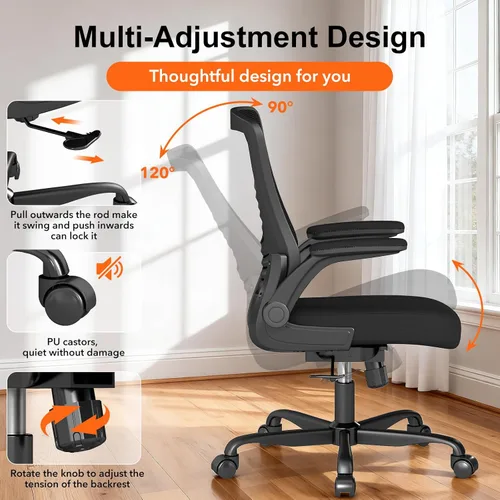 Vista 4 de Silla de oficina ergonómica: cómoda silla de escritorio de malla con reposabrazos abatibles y ruedas silenciosas, silla de computadora de altura