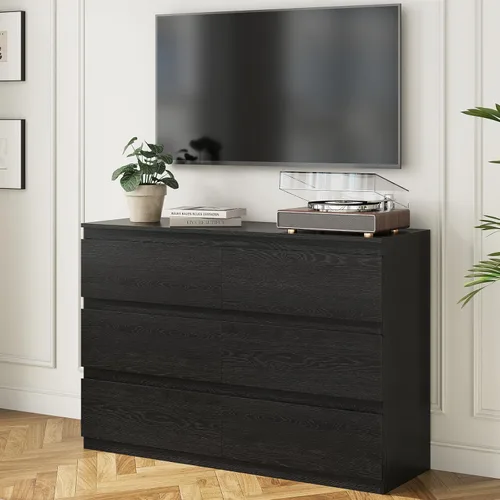 Vista 7 de OtterOasis Cómoda de madera negra, cómoda de 6 cajones para almacenamiento de ropa para dormitorio, cómoda moderna con cajones anchos, cajones