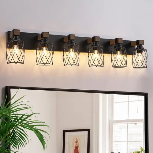 Vista 11 de Luz de Tocador de Baño Estilo Granja, Lámpara de Baño de Madera de 3 Luces para Sobre el Espejo, Luces de Tocador Industriales Negras con Pantalla