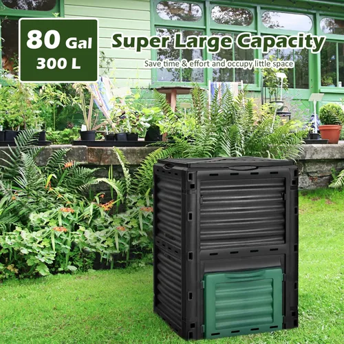 Vista 2 de Happygrill Contenedor de compostaje para exteriores, caja de compostaje con tapa superior con pestillo, compostador de 80 galones para desechos