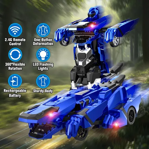 Vista 4 de Kroyedfuw Coches RC Transformables de Dinosaurio, Coche de Control Remoto 2.4Ghz que se Transforma en Robot con Luz Intermitente, Rotación 360°