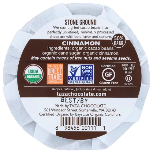 Vista 2 de Taza Chocolate Disco mexicano orgánico 50% chocolate negro, canela, 2.7 onzas (1 unidad), vegano