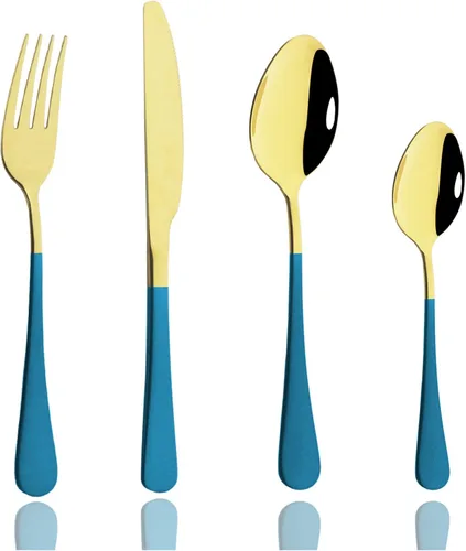 Vista 21 de JASHII Juego de cubiertos de acero inoxidable de 4 piezas, incluye cuchillo, tenedor, cuchara, cuchara de café, pulido con espejo, apto para negro