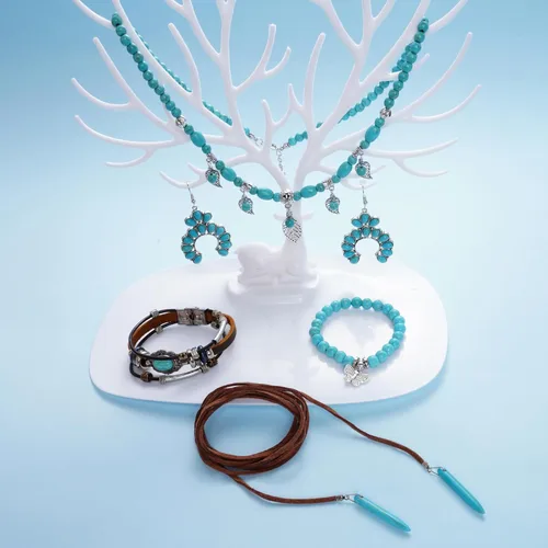 Vista 4 de Yymobt Juego de 5 piezas de joyería turquesa para mujer, collar de turquesa occidental, gargantilla larga con colgante de turquesa, aretes vintage