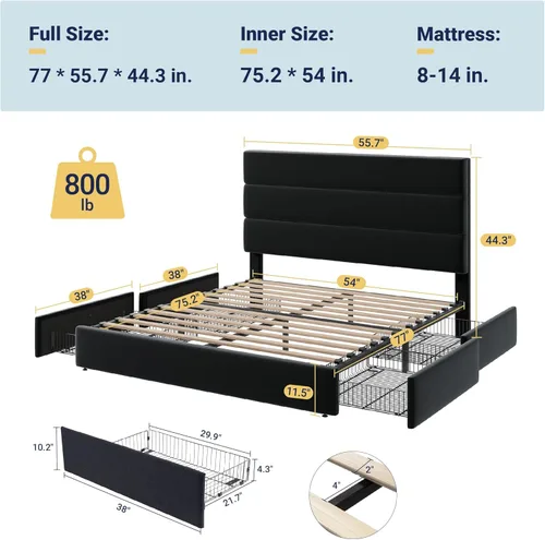Vista 2 de Allewie Base de cama moderna de tamaño matrimonial con 4 cajones de almacenamiento y cabecera tapizada de terciopelo, soporte de listones de madera
