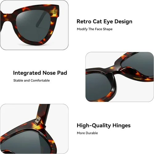 Vista 3 de Dollger Gafas de sol retro de ojo de gato para mujer y hombre, estilo vintage, cuadrado, tortuga, concha, moda