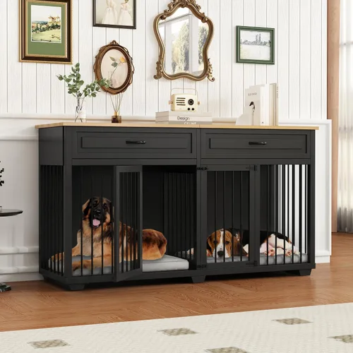 Vista 10 de Muebles para Perrera, 64.6 Pulgadas de Madera Resistente Jaula para Perros Grande Estilo Mueble con Cajones y Divisor, Casa para Perros