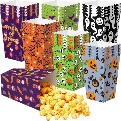 Vista 8 de Roshtia 24 cajas de palomitas de maíz de Halloween, 6 diseños de bolsas de palomitas de maíz, cajas de dulces para golosinas para aperitivos, bolsas