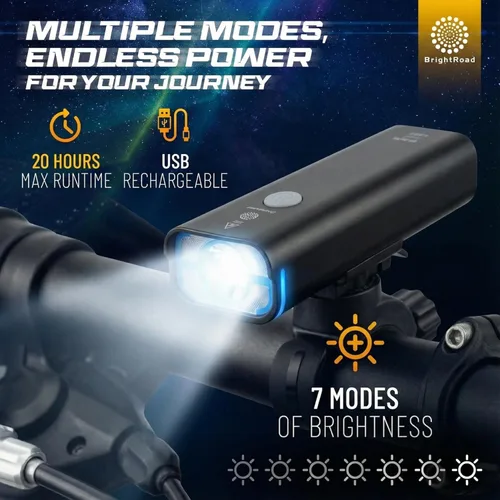 Vista 2 de BrightRoad 850 Lumens Front Bike Light - 85° Wide Beam Rechargeable Handlebar Bike Headlight with 7 Modes, 650ft Visibility - MTB Bicycle Light for