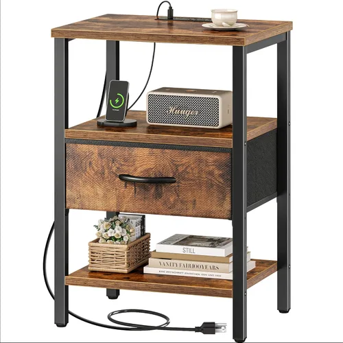 Vista 16 de SUPERJARE - Mesita de noche con estación de carga, con cajón de tela ajustable, para dormitorio, mesa auxiliar de almacenamiento de 3 niveles