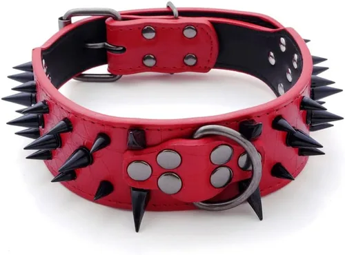 Vista 9 de Collar de perro con remaches de puyas afiladas 2 pulgadas de ancho, collares de cuero con estilo para perros medianos y grandes, Pitbull, Labrador