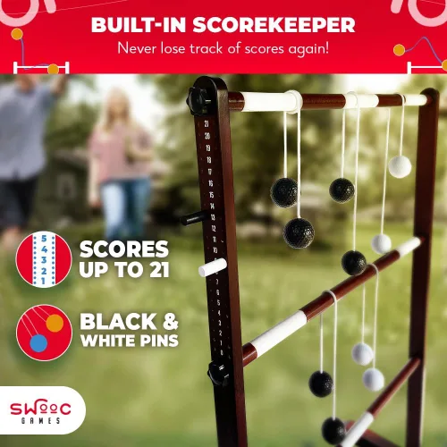 Vista 5 de SWOOC Games - Juego de pelota de escalera de madera premium (resistente a la intemperie) - 10 juegos incluidos y estuche de transporte - Montaje