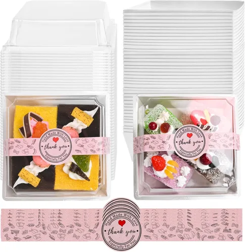 Vista 8 de TECARATE Cajas de papel para embutidos con tapas transparentes y calcomanías, 50 juegos de recipientes cuadrados desechables de 4 pulgadas, cajas