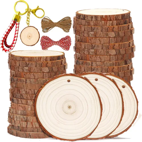 Vista 12 de SENMUT Rebanadas de madera natural, 30 unidades de círculos de madera preperforados de 2.0 a 2.45 pulgadas para manualidades, rebanadas de madera