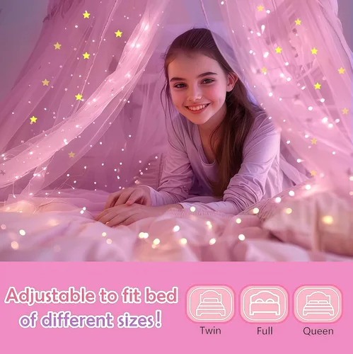 Vista 4 de Daksha Toldo de cama de princesa rosa para niñas con estrellas brillantes, tienda de campaña de techo para niños, se adapta a camas