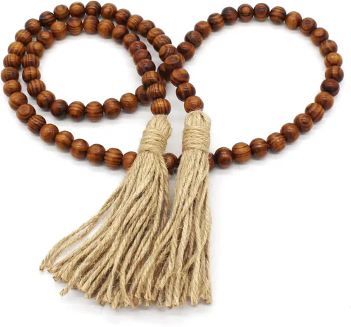 Vista 9 de CVHOMEDECO. Guirnalda de cuentas de madera con borlas, estilo rústico de granja, cadena de cuentas de oración para colgar en la pared, acento
