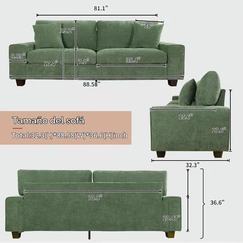 Vista 3 de DOPEDIO Sofá biplaza moderno para sala de estar, sillón reclinable de chenilla, funda extraíble, cojines de resorte, marco de madera maciza, fácil