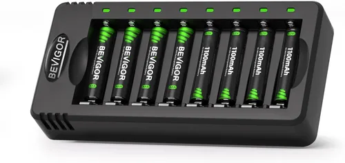 BEVIGOR Baterías AAA recargables con cargador, paquete de 8 baterías triple A de 1100 mAh de baja autodescarga con cargador de batería inteligente