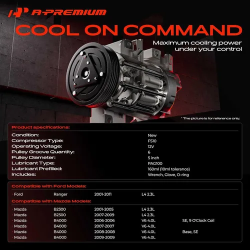 Vista 2 de A-Premium Compresor de aire acondicionado de CA con embrague compatible con Ford Ranger 2.3L 2001-2011 y Mazda B2300 2.3L 2001-2009, B4000 4.0L