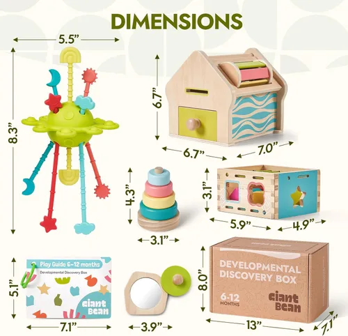 Vista 7 de Giant bean Juguetes Montessori para bebé, 6 en 1, juguetes de aprendizaje de educación temprana de madera con dentición sensorial, caja