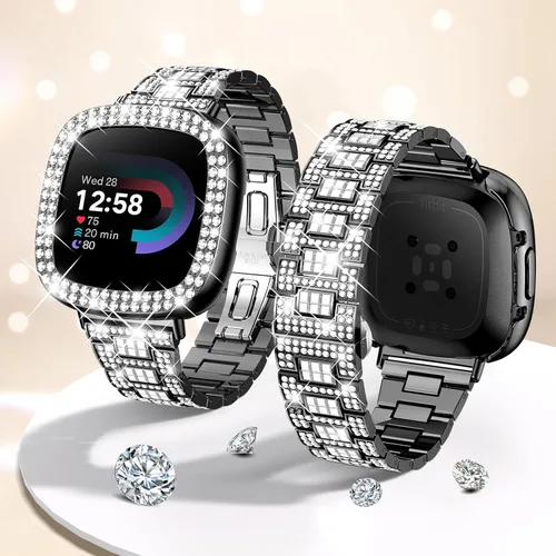 Vista 7 de Dsytom Bling Banda de Reloj Elegante Compatible con Fitbit Versa 4, Sense 2, Versa 3, Sense - Correa Linda con Funda Protectora de Rinstone