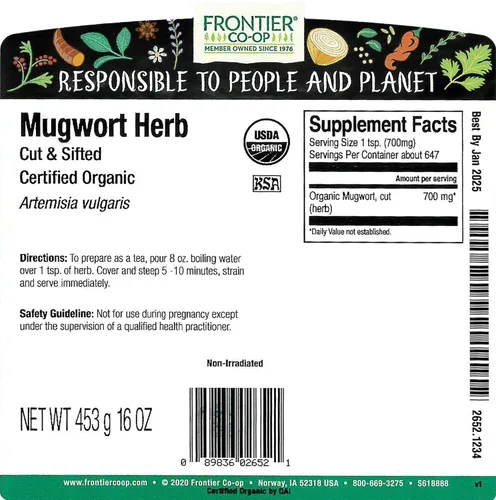 Vista 2 de Frontier - Hierba de artemisa a granel, cortada y tamizada, certificada orgánica, paquete de 1 libra