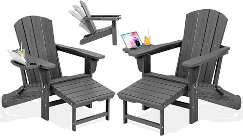 Vista 36 de KINGYES Silla Adirondack plegable ajustable con otomana, silla reclinable Adirondack HDPE con reposapiés, Apple