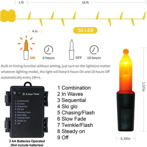 Vista 3 de WATERGLIDE - Paquete de 50 x 2 luces LED de Halloween para uso al aire libre de 16 pies, tira de luces con 8 modos, luces impermeables para árbol