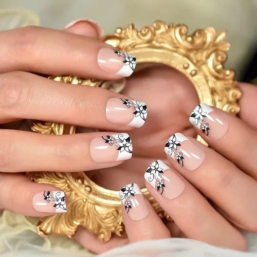 Vista 10 de Uñas a presión – Uñas a presión – Uñas postizas de línea blanca y negra mate Acabado esmerilado Uñas postizas cortas Squoval reutilizables en 10